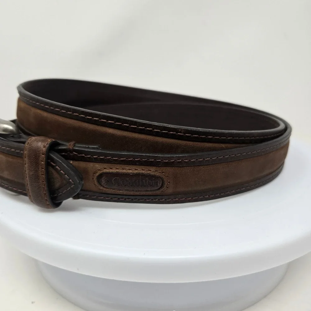 Columbia Mens‎ Brown Leather Suede Inlay Belt Silver Buckle Size 44 11COL0216
